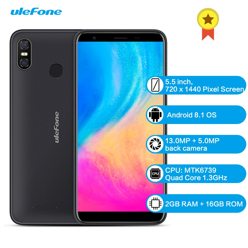 

Ulefone S9 Pro 4G Smartphone 5.5 inch Android 8.1 MTK6739 Quad Core 1.3GHz 2GB RAM 16GB ROM 13.0MP + 5.0MP Mobile Telephone