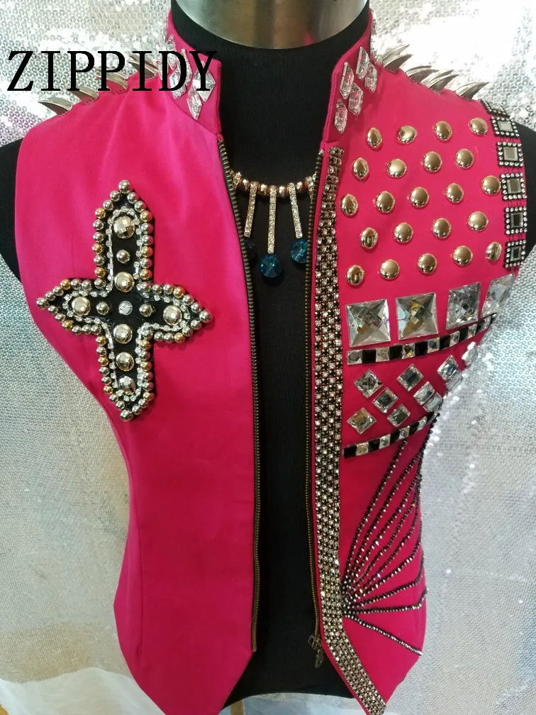 

Fashion Red Rivets Vest Jacket For Men Show Male Singer outfit Costume Rhinestones Punk Style Dance wear Performance Coat