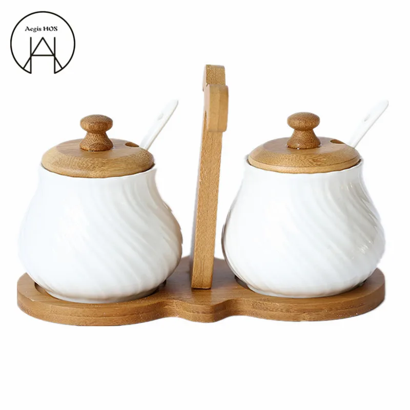 

Cheap minimalist 2 Set sugar bowl ceramic spice jar kitchen utensils salt shaker cans Seasoning pot storage tank Storage bottle