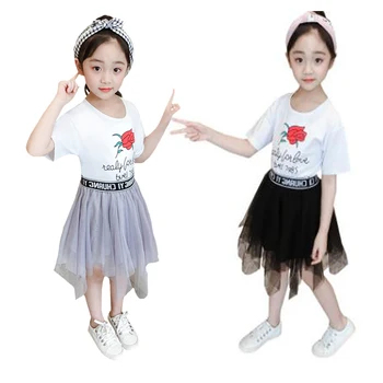 

Summer Girls Clothes Princess Dress Cotton Rose Print Short-sleeved T-shirt Lace Skirt Suit 4-12 Y Child Quality Clothing 2019