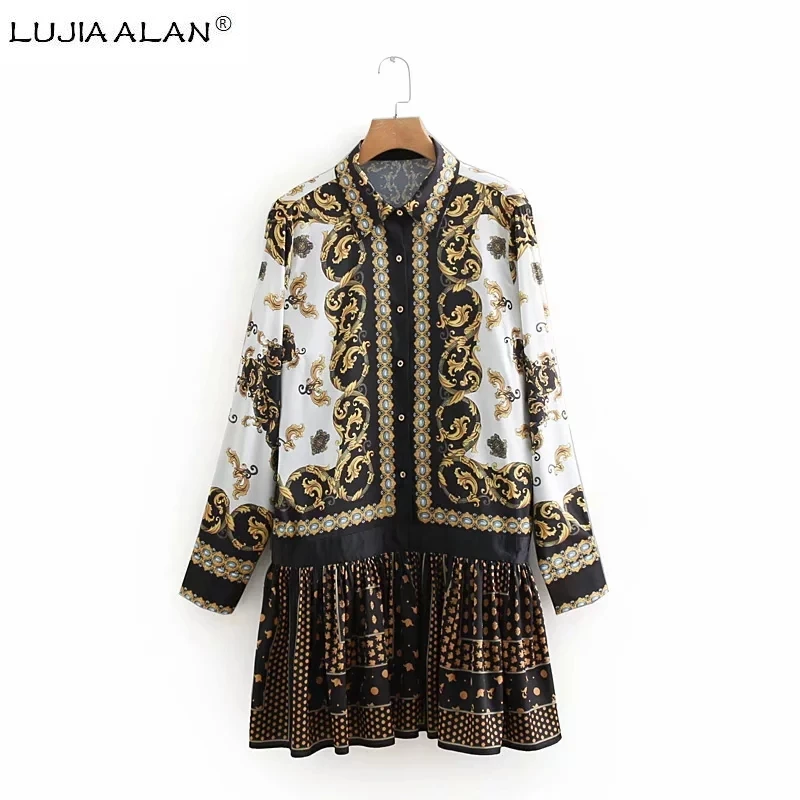 

LUJIA ALAN Fashion women Positioning printing Ruffled hem mini dress Casual Long sleeves dresses female Loose vestidos LD1310