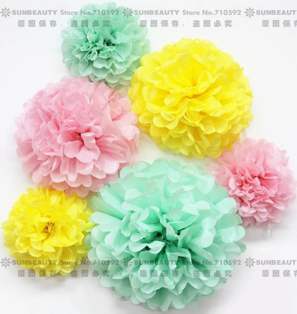 

6pcs Tissue Paper Pom Pom (Mint,Pink,Yellow) Assorted Pom Pom Flowers Wedding Birthday Valentine Party Nursery Decor