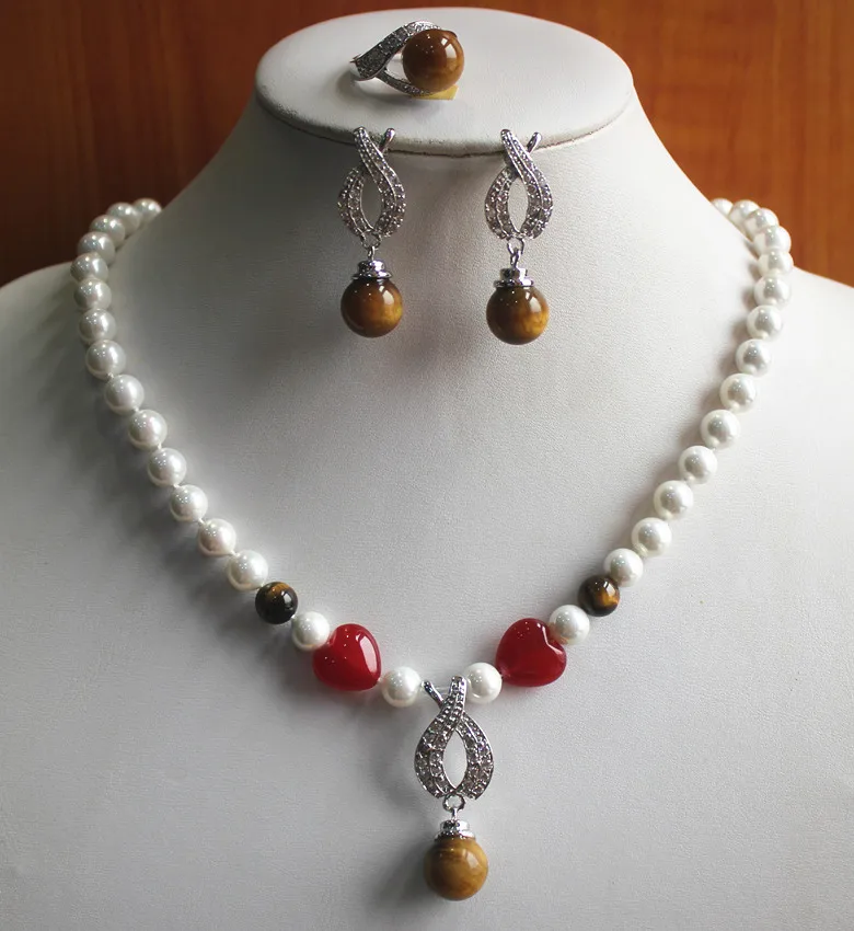 

wedding jewelry set!Wholesale simple Women's mixed white pear tiger eye stone Necklace earring ring(7/8/9) set #215