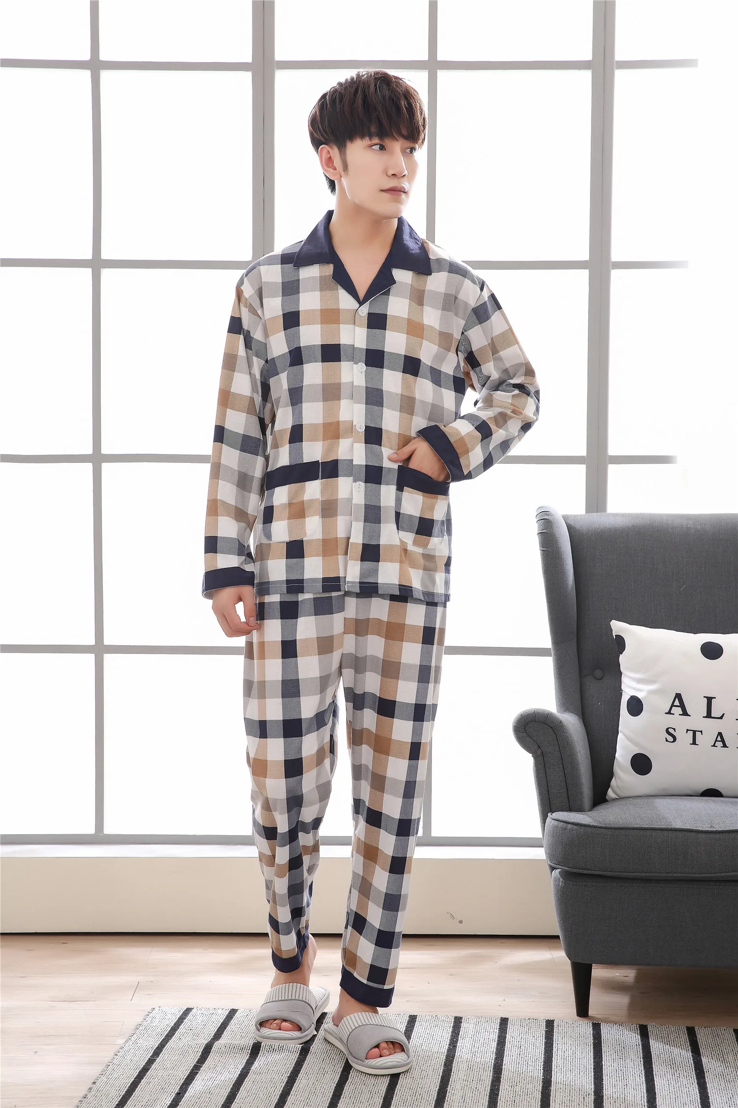 Yuzhenli Новый прекрасный панда для мужчин пижамный комплект кардиган с длинными рукавами пижамы в полоску толстые осень зим