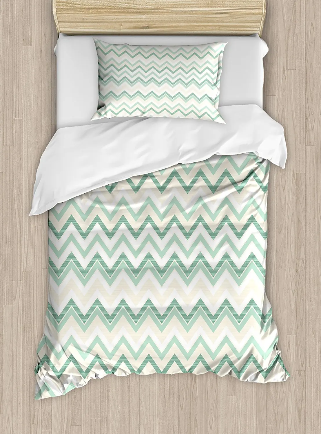 

Aqua Duvet Cover Set Sketchy Blurry Abstract Zig Zag Chevron Shapes Retro Beige Decorative 4 Piece Bedding Set