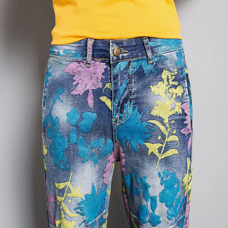 Женские весенние брюки длиной до щиколотки с высокой талией, окрашенные джинсовые штаны с принтом, штаны-шаровары, индивидуальные свободные брюки с морковкой, джинсы