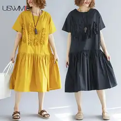 USWMIE 2018 летнее женское платье Новая мода просто О-образным вырезом сплошной Цвет короткий рукав свободные Vestidos карманы Комфорт плюс Размеры