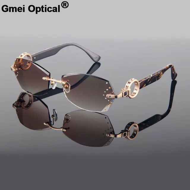 $US $99.50 Gmei Optical Voguish Diamond Trimming Cut Rimless Women's Plain Sunglasses With Rhinestones on Lens