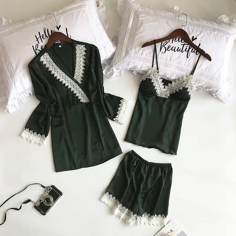 Queenral 3PCS Women's Pajamas Sets Sexy Silk Satin Pyjama Set Sleepwear Spring Home Wear Nightwear Female Sleep Lounge Pijama 8