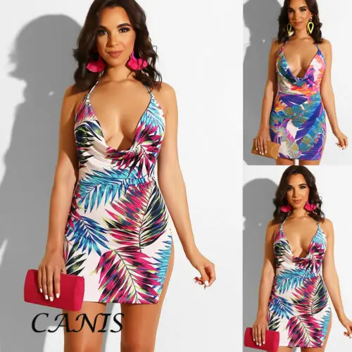

New 2019 Women Summer Boho Casual Leaves Print Short Mini Dress Evening Party Beach Dresses Sundress