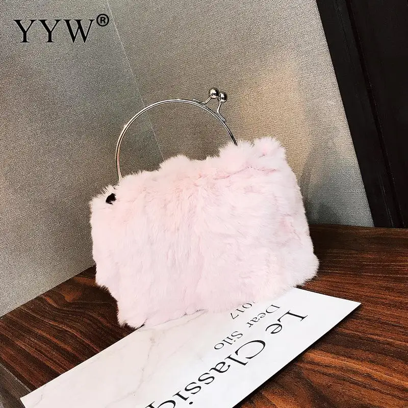 Милый Для женщин из кроличьей шерсти Сумочка Bolsos Mujer волосатые розового цвета с короткими ручками сумки для девочек зимние мягкие Sac основная Femme Сумки на цепи через плечо - Цвет: hot pink