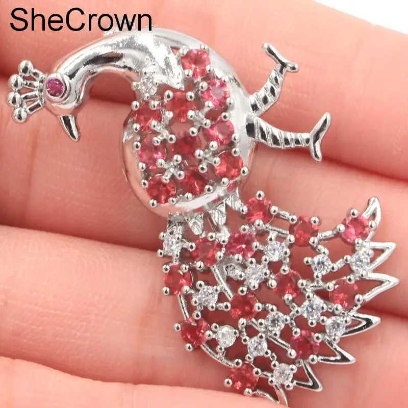 

New Designed Peacock Shape Pink Raspberry Rhodolite Garnet,Tourmaline CZ Silver Brooch 46x29mm