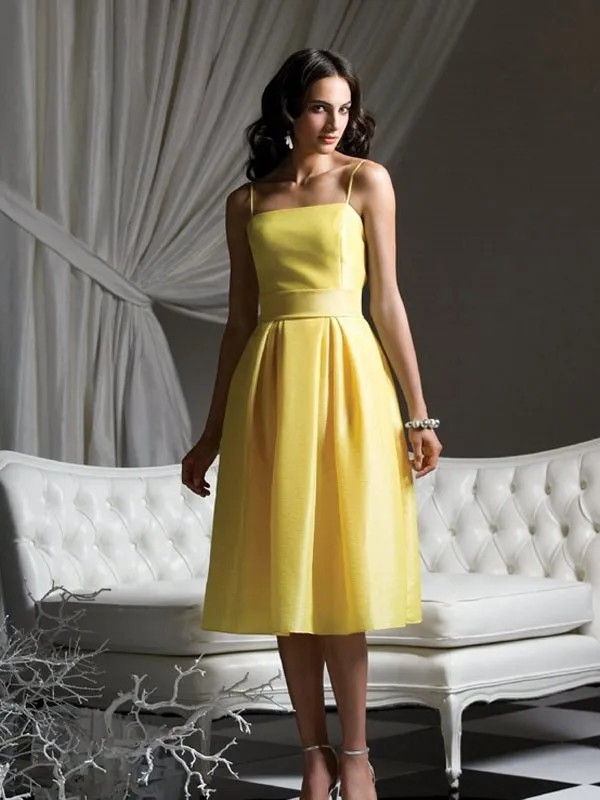 2016 Bright Yellow Tea Length Bridesmaid Dresses Spaghetti Straps A ...