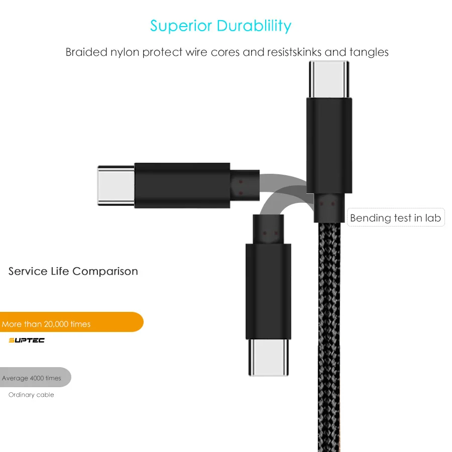 SUPTEC Braided Nylon USB Type C Data Charging Cable For Samsung Xiaom Huawei