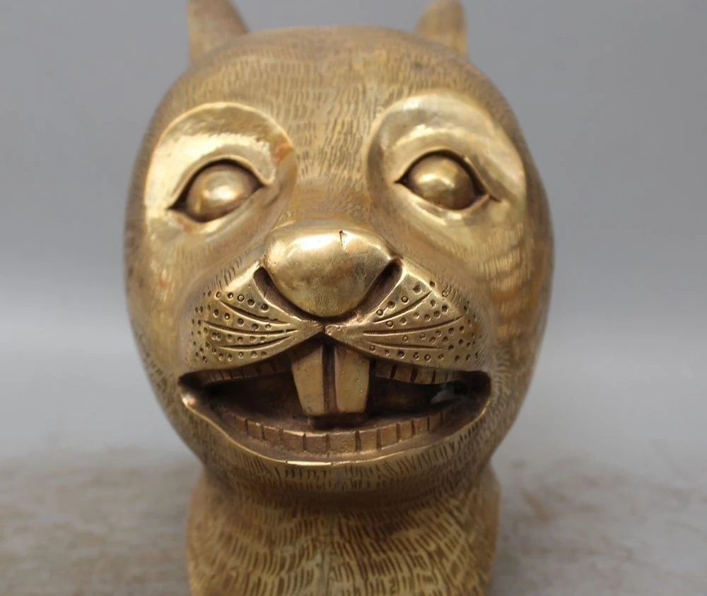 

9"China Chinese Fengshui Brass Zodiac Year Animal Rabbit Head Statue Sculpture