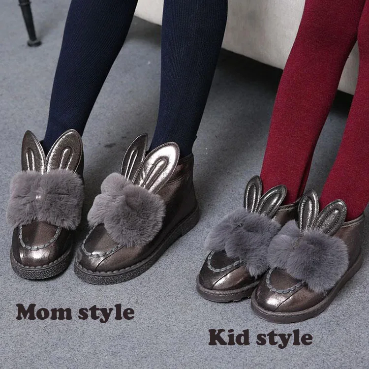 Модные зимние ботинки; Зимние ботильоны на меху для мамы и детей; обувь для родителей и детей; обувь на меху с заячьими ушками; зимние ботинки для девочек