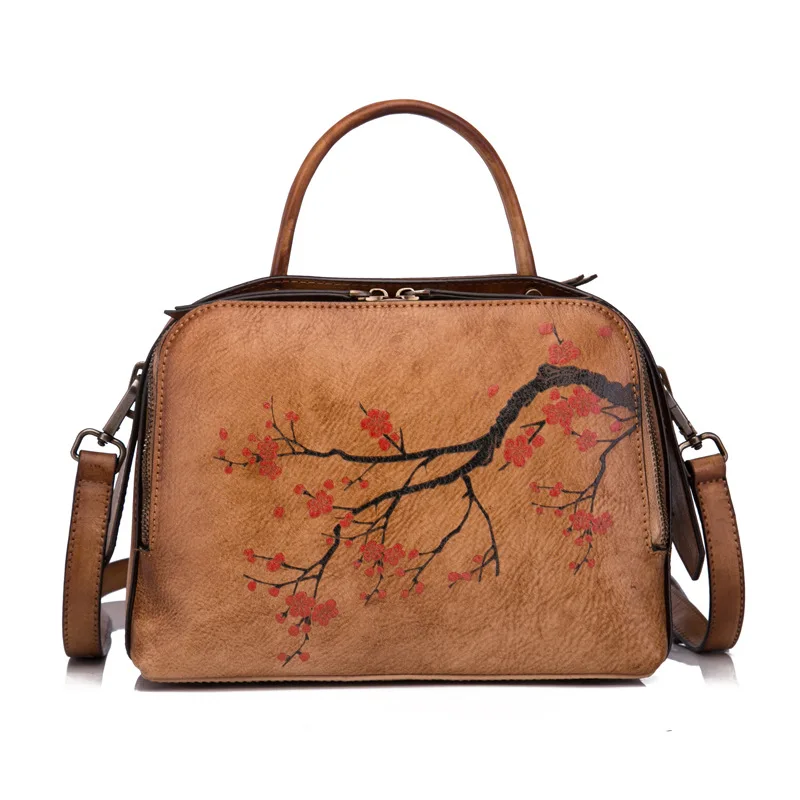 

High Quality Genuine Leather Women Shoulder Messenger Tote Bags Plum Female Flower Natural Real Cowhide Top Handle Bag
