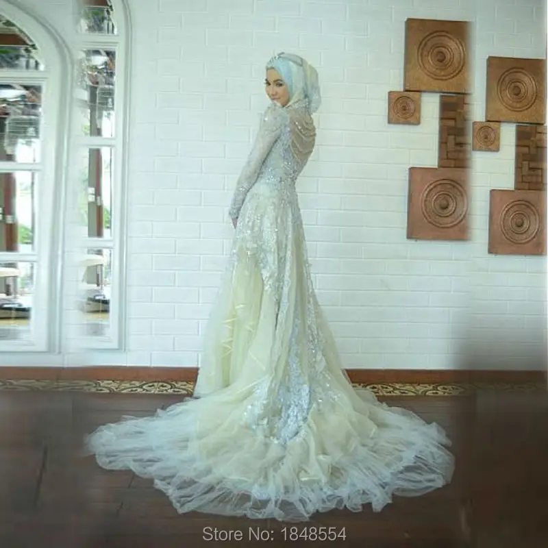 MZY1539 vestido de noiva light blue elegant long sleeves high neck font b hijab b font