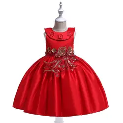 Высокое Качество Трапециевидной формы Совок красный атлас цветок девушка платья с жемчугом выпускного вечера для девочек платье 2019