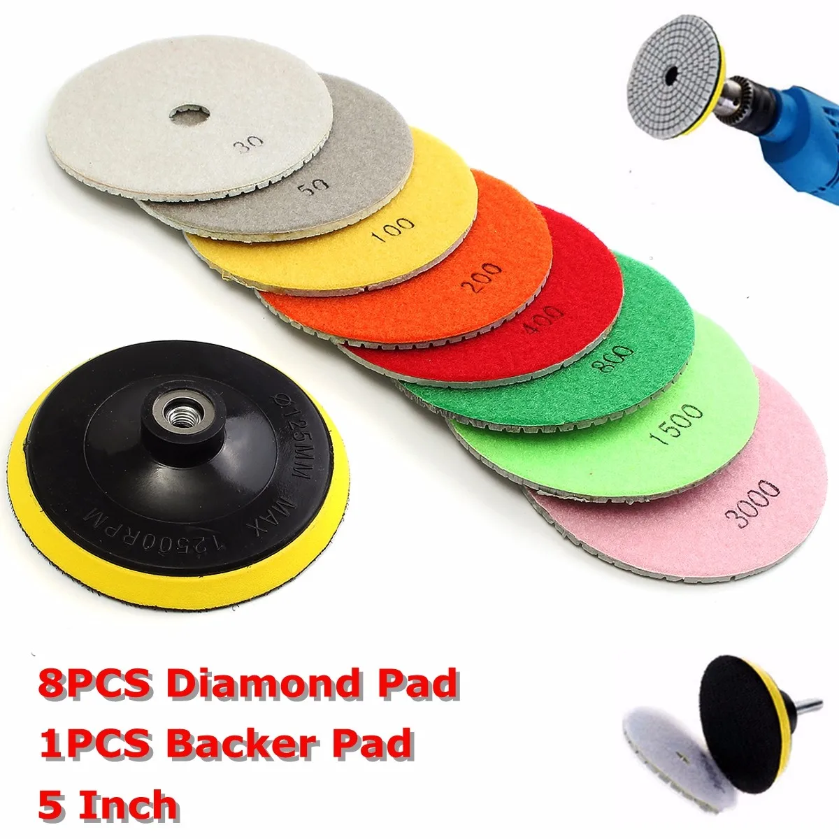 8PCS Diamond Polishing Pads Wet//Dry 5 inch Set For Granite Stone Concrete R #