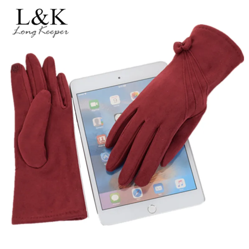 

LongKeepr Elegant Womens Suede Gloves Screen Winter Warm Bow Soft Wrist Gloves Mittens Full Finger guantes mujer 2019 Luvas