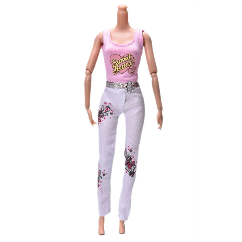 1 комплект = Розовая Майка+ белые модные штаны, костюмы для Барби, летняя одежда для девочек с принтом куклы из мультфильма, подарки для игрушек, высокое качество