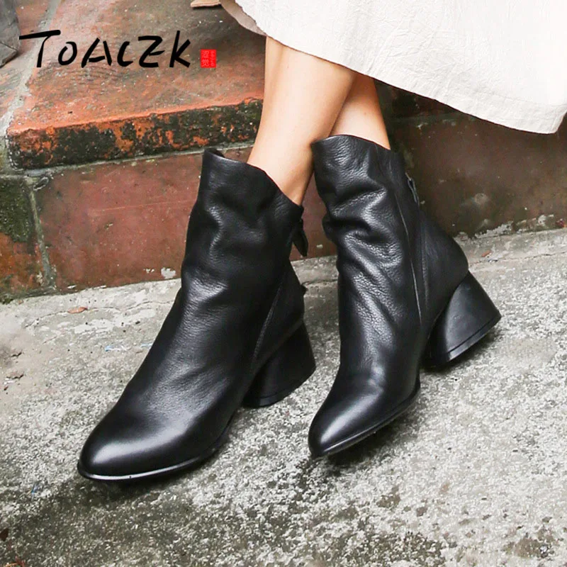 

Women's winter chunky heel Martin Boots leather handmade women's shoes head cowhide bare boots Large size 35-41