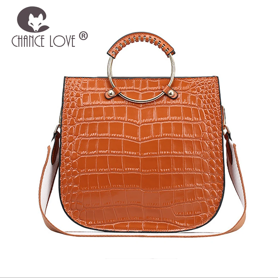 Chance Love 2018 new women's bag Genuine leather metal ring handbag fashion tote bag crocodile pattern shoulder Messenger bag metal ring tassels colour block tote bag