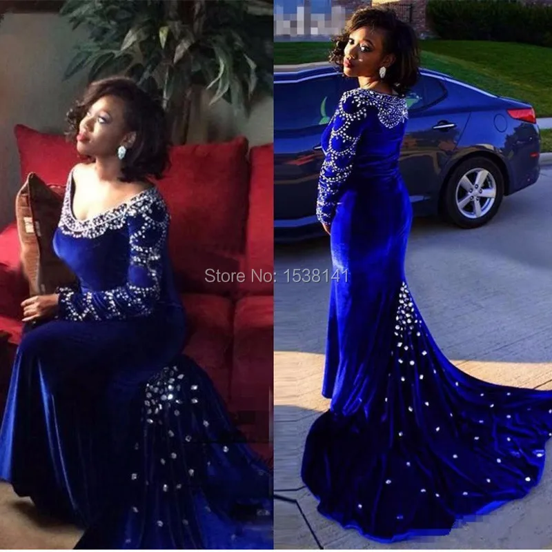 Velvet Blue Beads Crystal font b Evening b font Party Long Sleeves Charming Mermaid African Formal