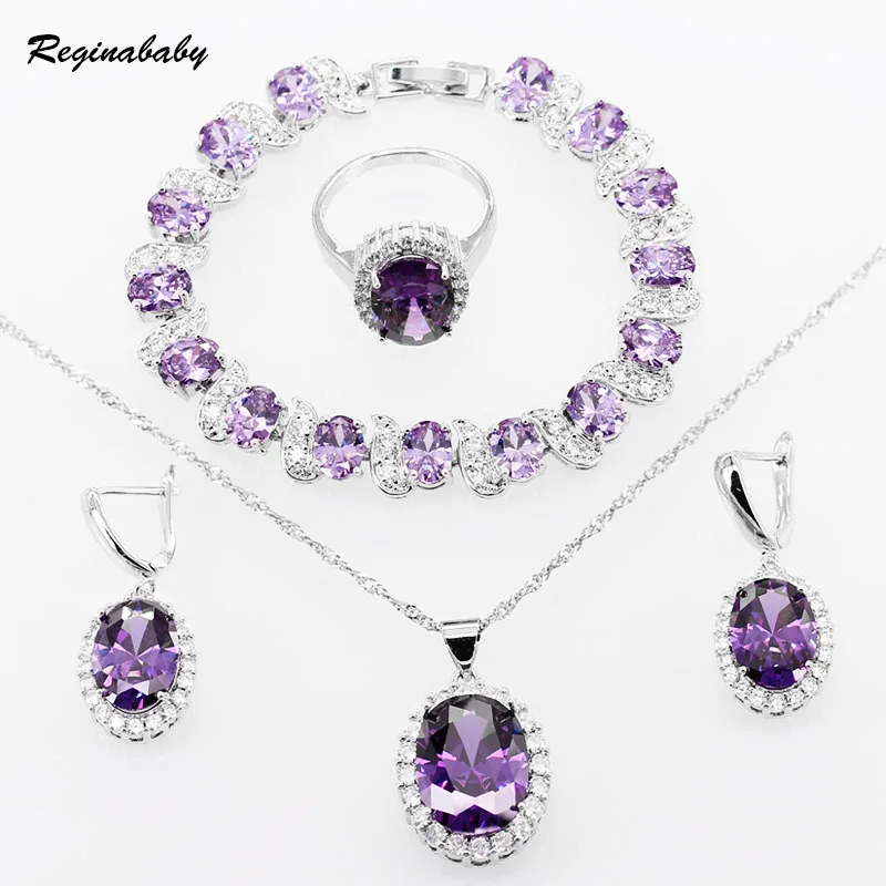 

Reginababy Purple Zircon Stone Bracelets 925 Logo Jewelry Sets For Women Crystal Bracelet/Earrings/Necklace/Ring/Pendant BJS