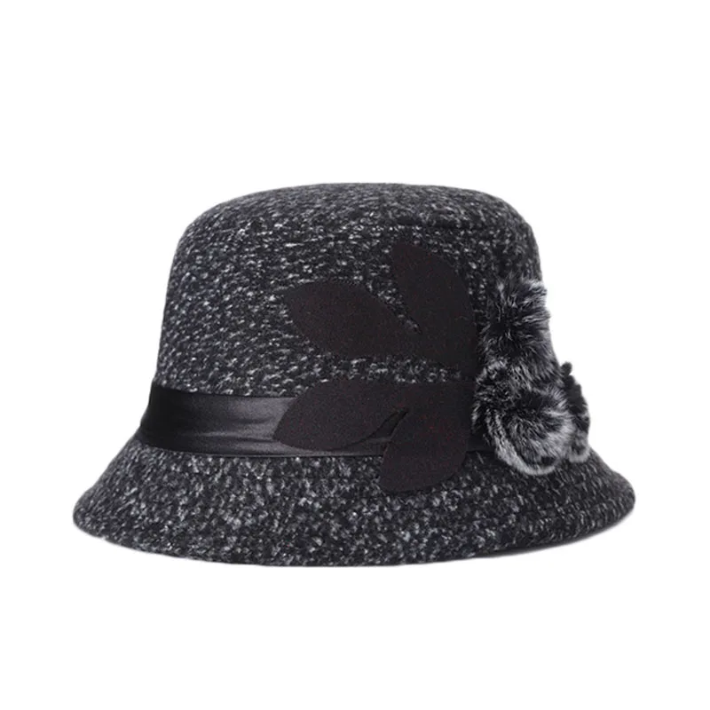 

Fashion Vintage Women Tophat Hairball Flower Autumn Winter Keep Warm Bucket Cap Elegant Women's Bowler Hats SSA-19ING