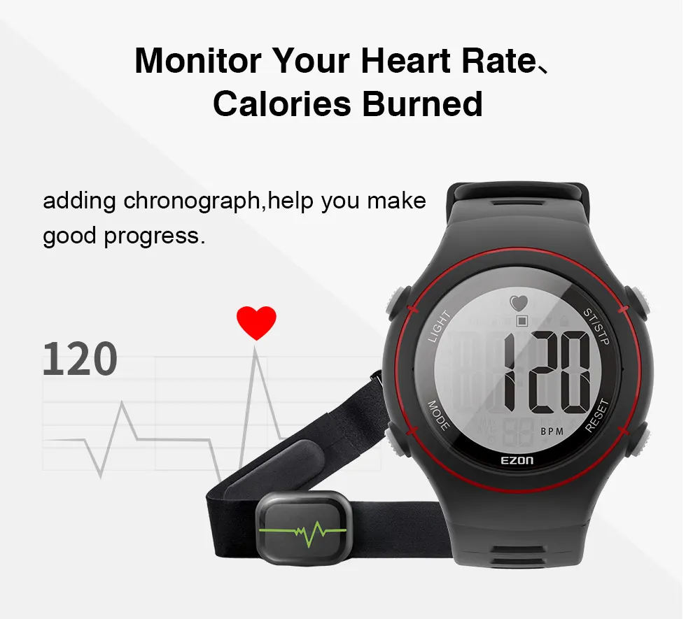 EZON T037 нагрудный ремешок монитор сердечного ритма спортивные часы для мужчин цифровой Будильник хронограф водонепроницаемый светильник на спине электронные наручные часы
