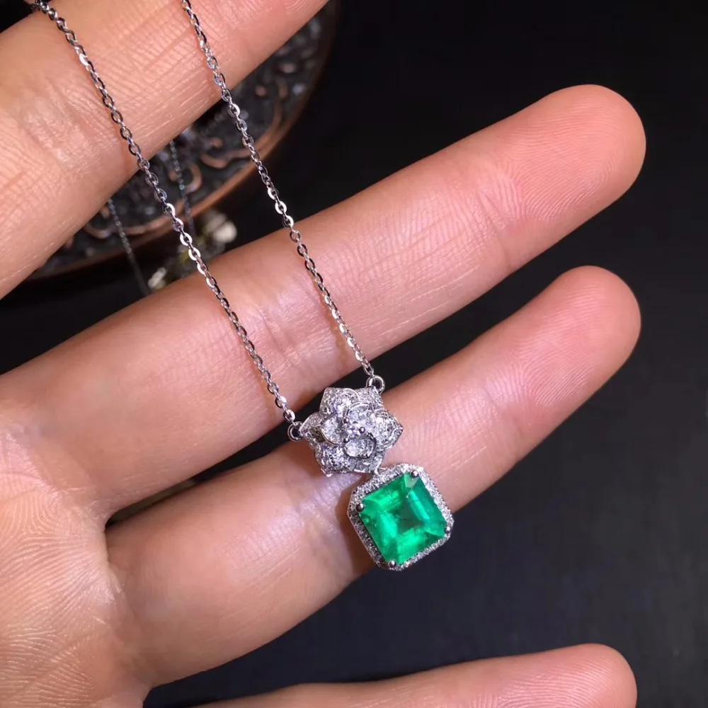 

AIGS Fine Jewelry Certificate Real 18K White Gold AU750 Natural Green Emerald 1.67ct Gemstones Pendants for Women Fine Necklace