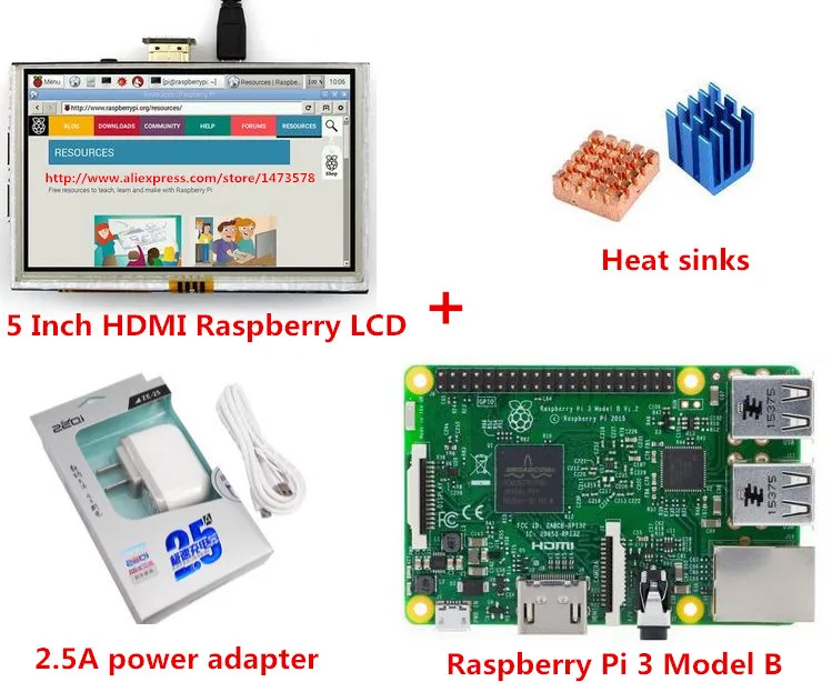 New Raspberry Pi 3 Model B + 5 Inch HDMI Raspberry LCD + Heat sinks + 5V 2.5A power adapter EU plug For Raspberry Pi 3 Kit