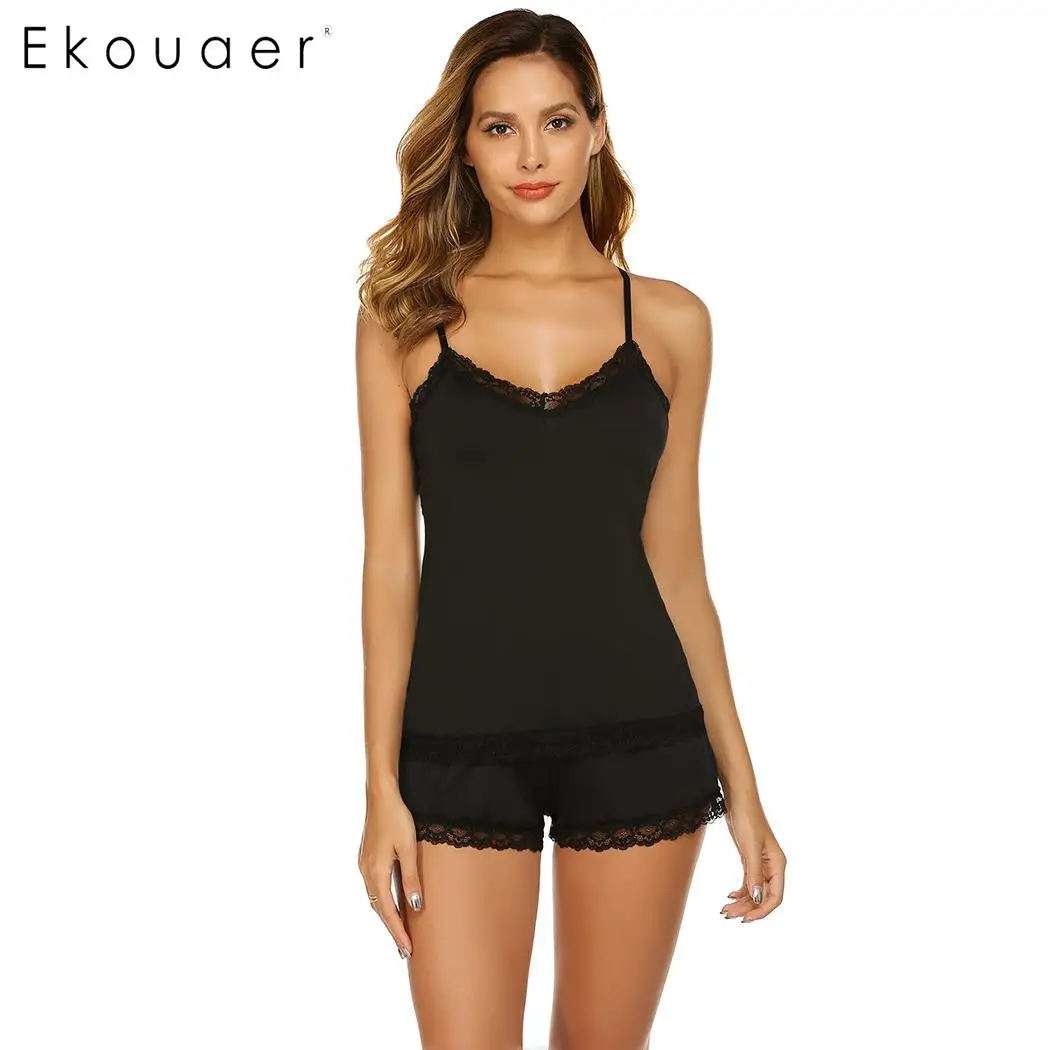 Ekouaer Women Sexy Spaghetti Strap Lingerie Pajamas Set Lace Patchwork Summer Sleepwear Two Piece Pajama Homewear Suits - Цвет: black
