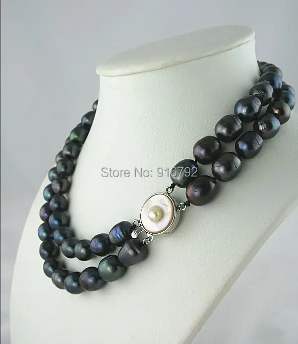

YH@CS >>>2 ROW RARE TAHITIAN 10-12mm black baroque PEARL NECKLACE