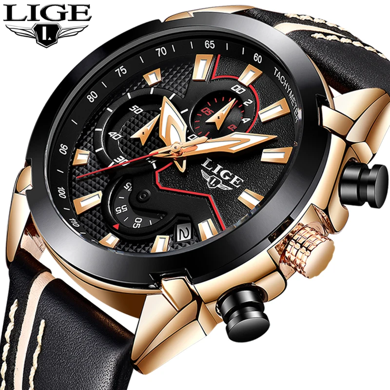

LIGE Fashion Sports Chronograph Leather Mens Watches Top Brand Luxury Quartz Watch Men Casual Waterproof Watch Relogio Masculino