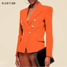 High quality Newest 2019 Designer Jacket Blazer Women's Solid Lion Buttons Double Breasted Office Lady Blazers Coat Neon Orange