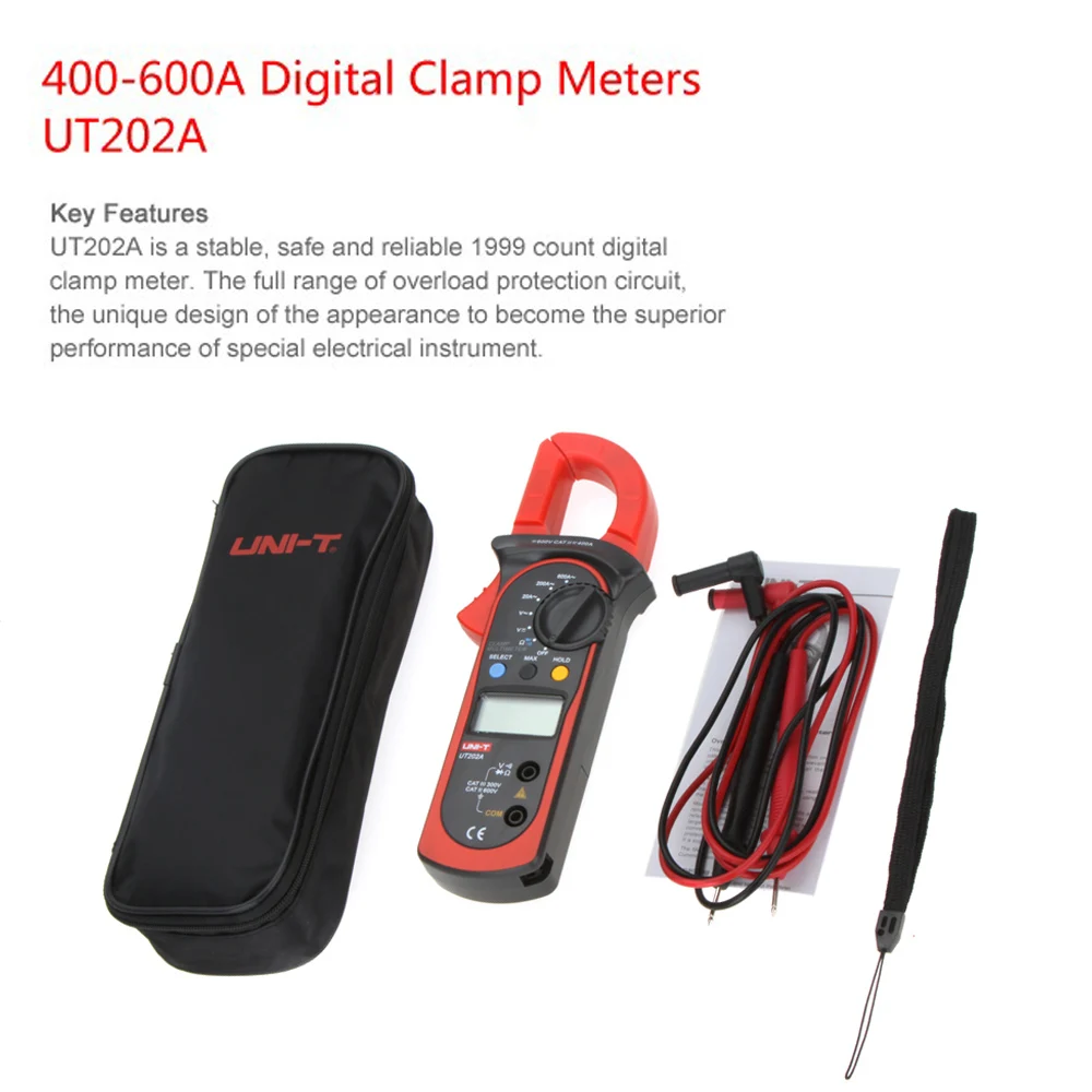 UNI-T UT202A Digital Current Clamp Meters 400-600A AC/DC Voltmeter AC Current Meter Resistance Tester NCV Multimeters
