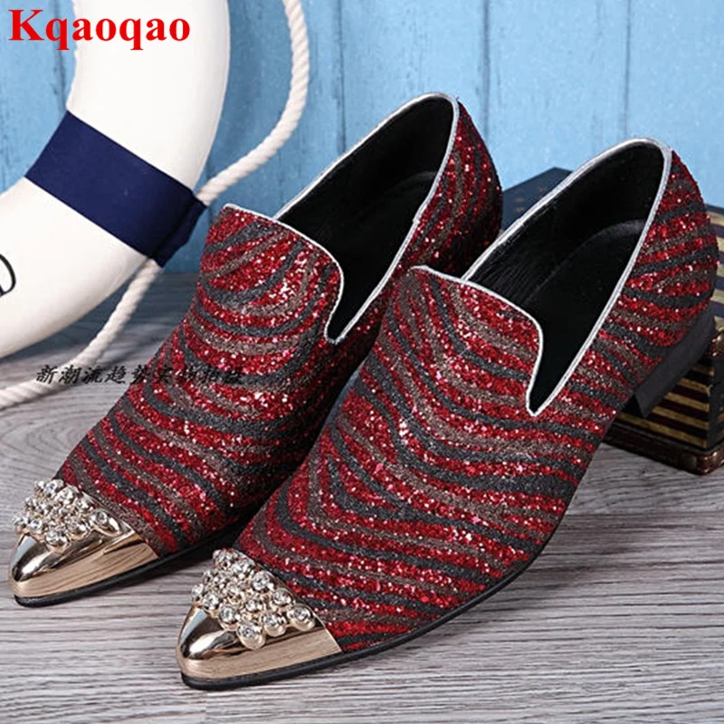 

Crystal Embellished Metal Pointed Toe Low Top Slip On Shoes Heel Party Nightclub Men Shoes Loafers Sequined Cloth Strip Pattern