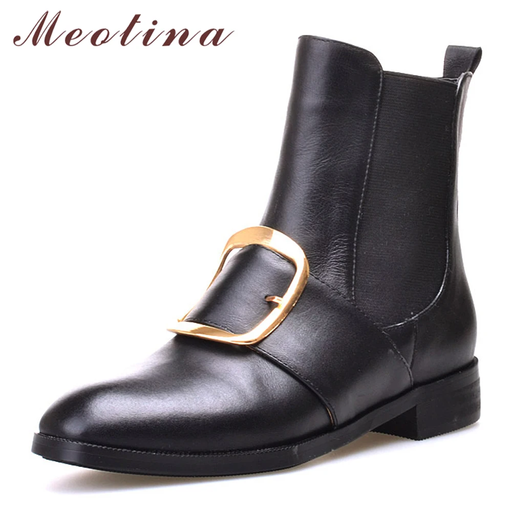 Meotina/Женская обувь осенние ботинки «Челси» ботильоны из натуральной кожи на плоской подошве полусапожки с круглым носком и пряжкой дамские размеры 34-39