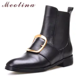 Meotina/Женская обувь осенние ботинки «Челси» ботильоны из натуральной кожи на плоской подошве полусапожки с круглым носком и пряжкой дамские