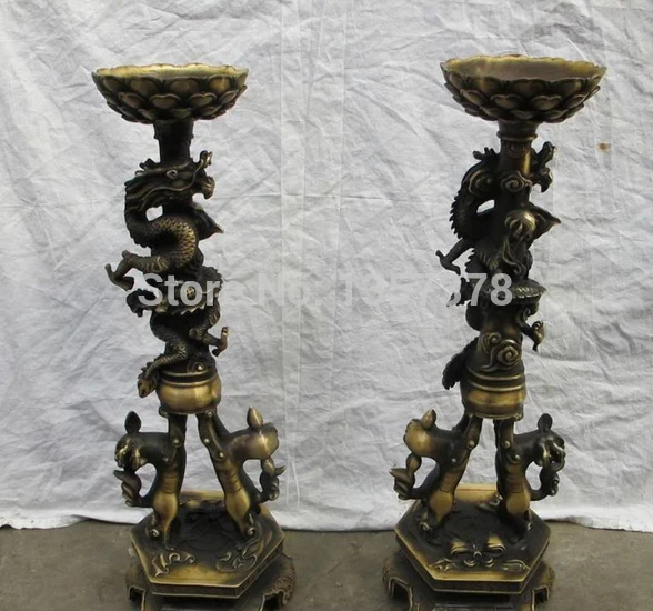 

shitou 00509 23"China vintage Bronze Hand Made Statue Dragon and lion lotus candlestick PAIR