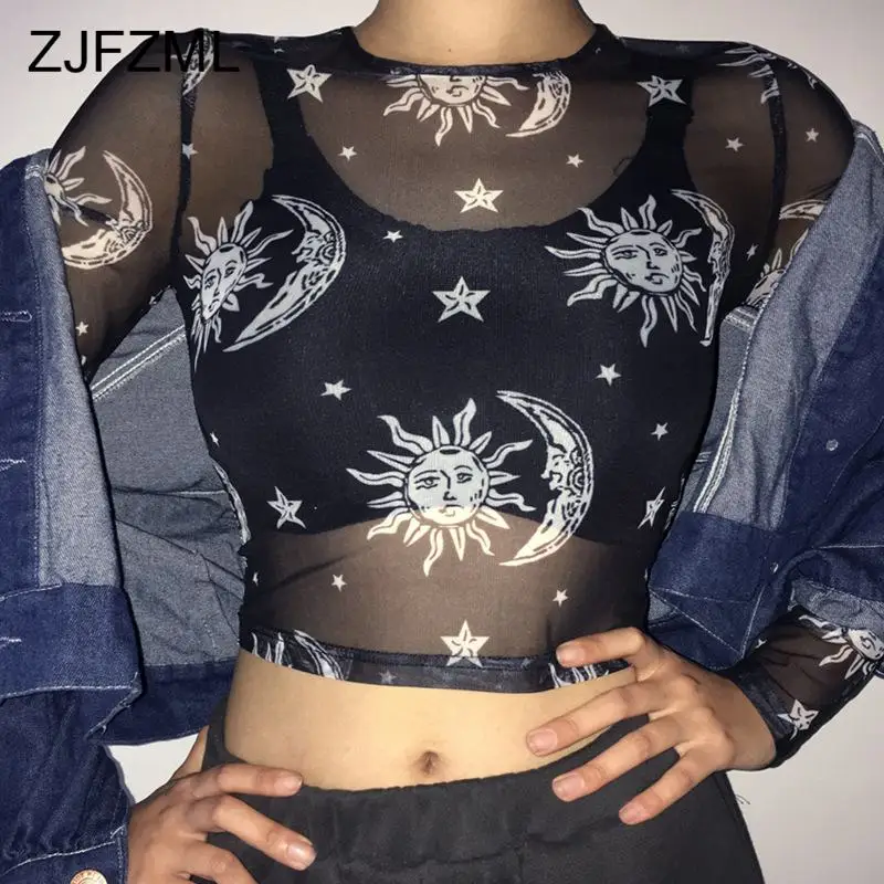

Mesh Transparent Sun and Moon Printed Sexy T-Shirt Women 2019 Spring Long Sleeve Slim Tee Shirts Basic Girls Casual Crop Top