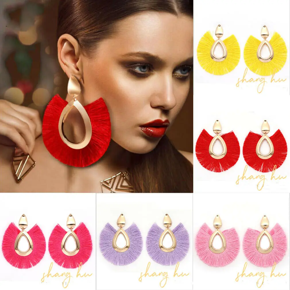 

Womens Fashion Bohemian Earrings Long Tassel Fringe Boho Dangle Earrings Jewelry Yellow Red Purple