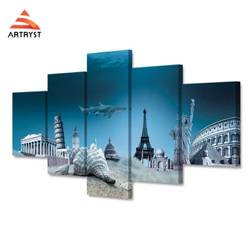 

5 pcs of modular canvas art painting world building in seawater poster HD print on canvas modern home decor for bedroom wall art