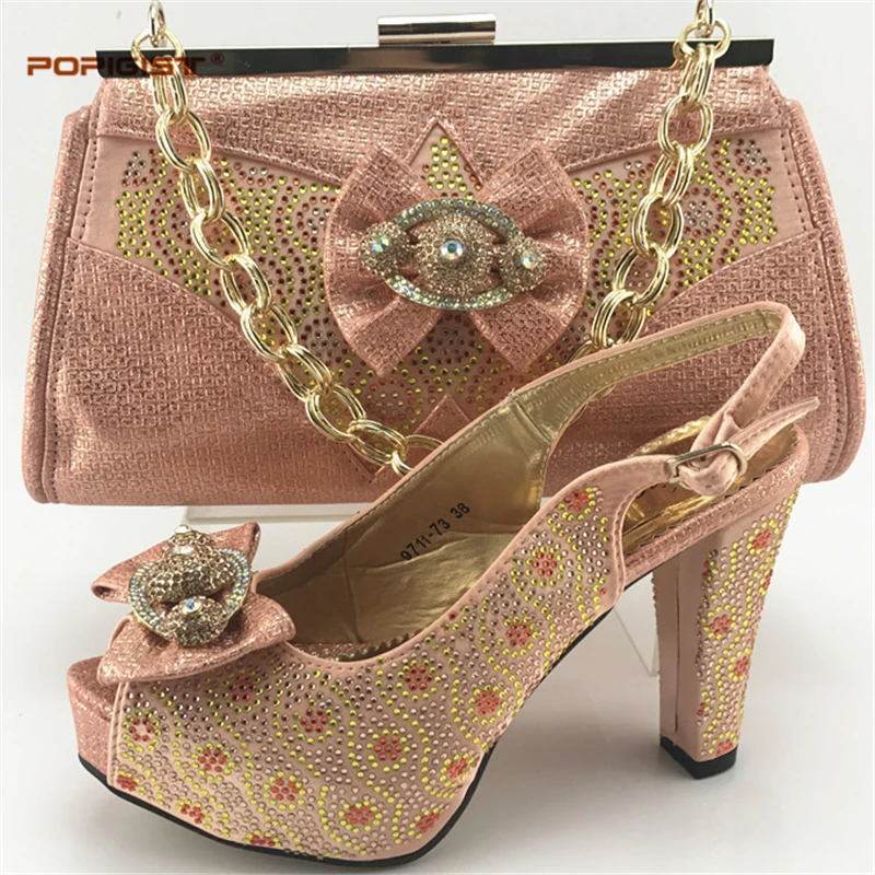 Latest Peach Color Matching Shoes and Bag Set Matching Shoes and Bags for African Party Nigerian