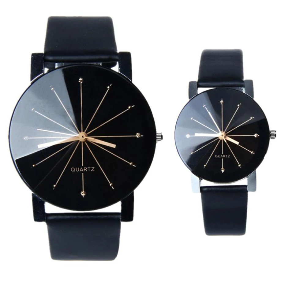 Fashion Black Leather Lovers Watch Couples Watches Womens/Mens Wristwatch Clock Quartz Watch For Man/Woman Girl
