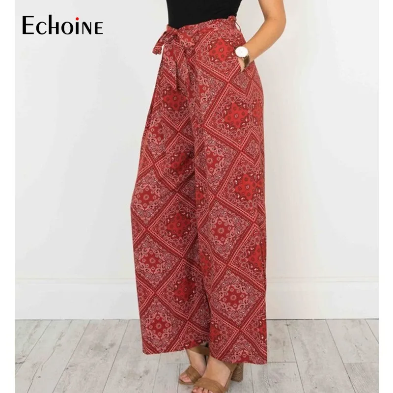 2019 Summer Fashion bohemian Wide Leg Pants Women Trousers Length with Sash Loose Casual Elegant streetwear Female Trousers 2019 Summer Fashion bohemian Wide Leg Pants Women Trousers Length with Sash Loose Casual Elegant streetwear Female Trousers