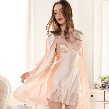 

Ladies Sexy Silk Lace V Neck Night Dress & Robes Sets Gown Sleepwear Babydoll Pajama M--XL DM8008